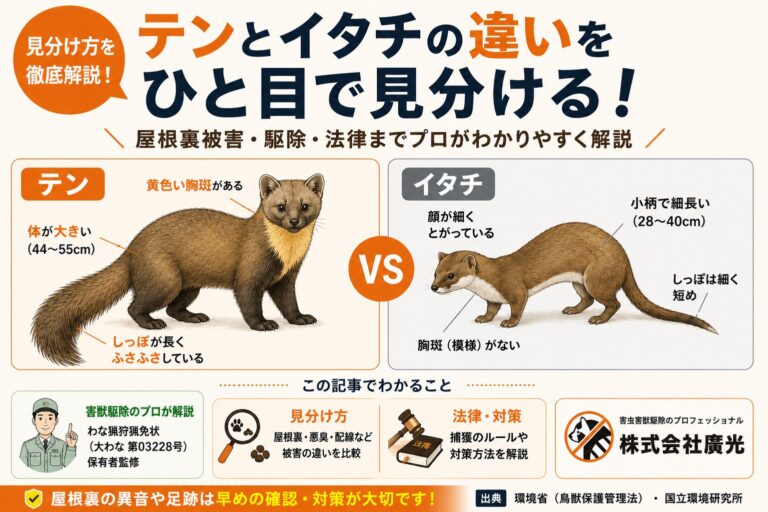 テンとイタチの違いと見分け方を徹底解説｜屋根裏被害・駆除・法律