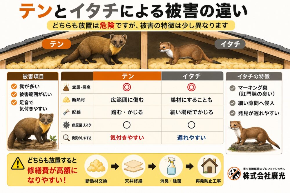 テンとイタチによる被害の違い