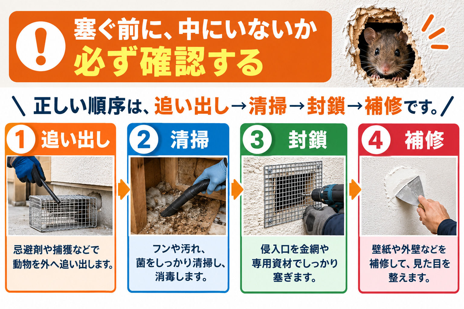 塞ぐ前に、中にいないか必ず確認する