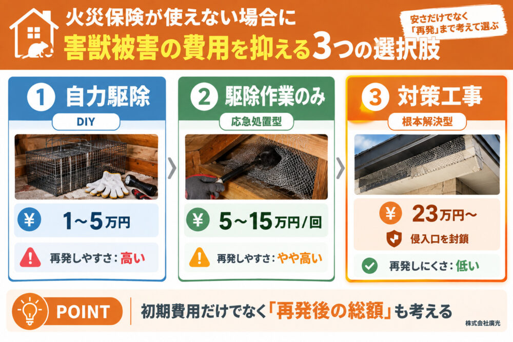 火災保険が使えない場合に害獣被害の費用を抑える3つの選択肢