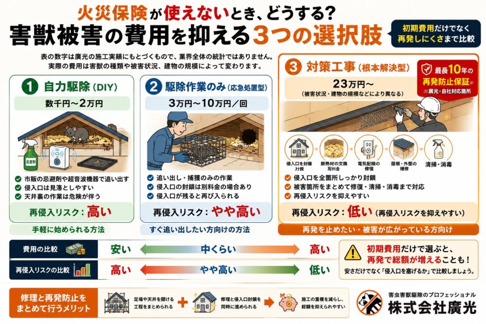 火災保険が使えない場合に害獣被害の費用を抑える3つの選択肢