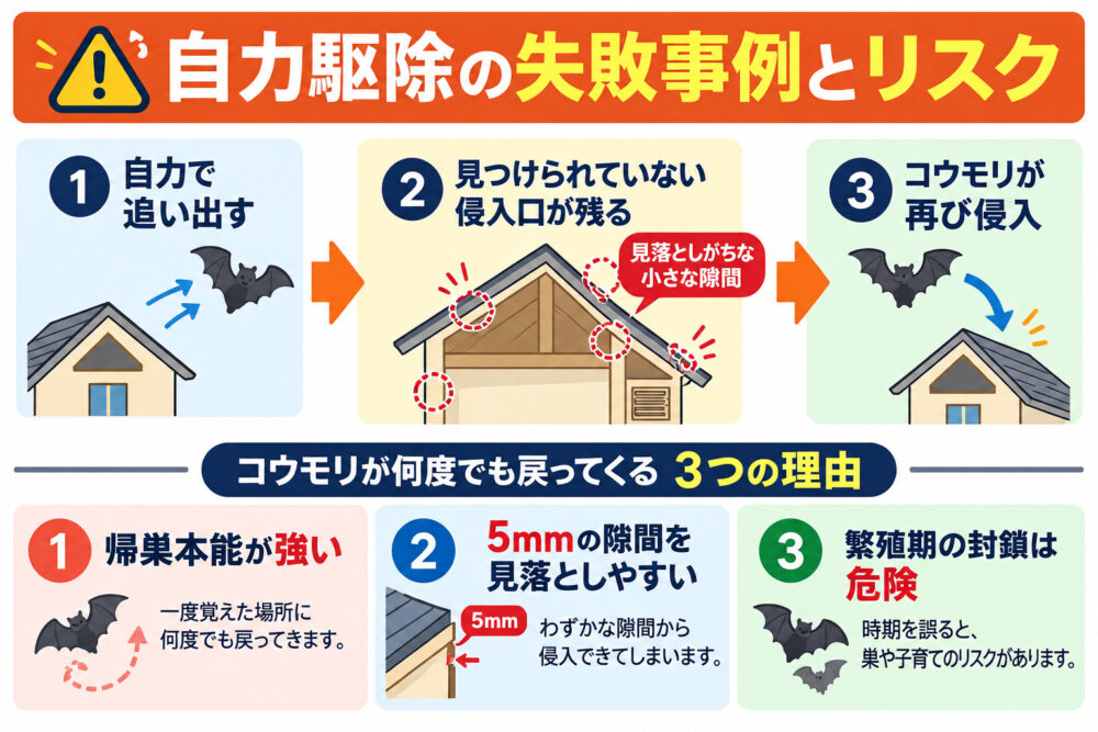自力駆除の失敗事例とリスク|なぜコウモリは何度でも戻ってくるのか