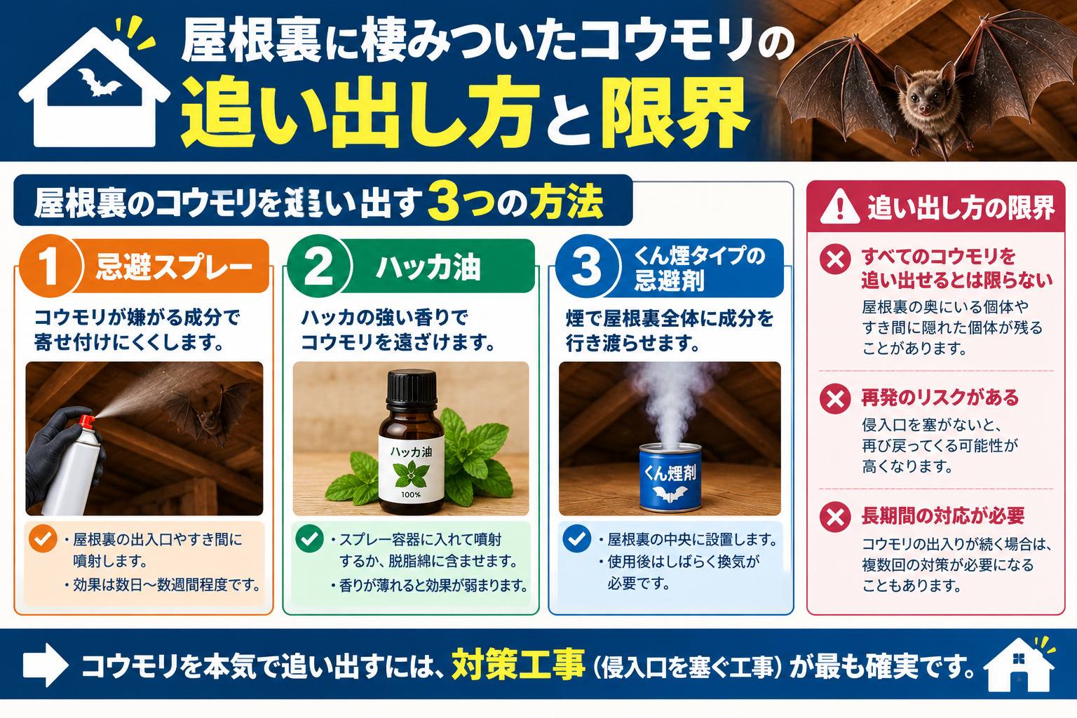 屋根裏に棲みついたコウモリの追い出し方と限界