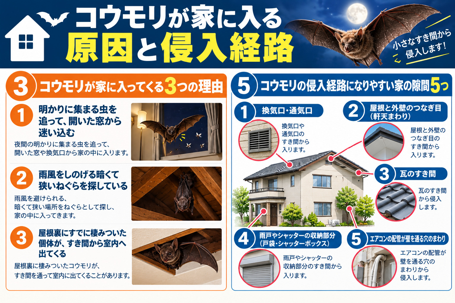 コウモリが家に入る原因と侵入経路