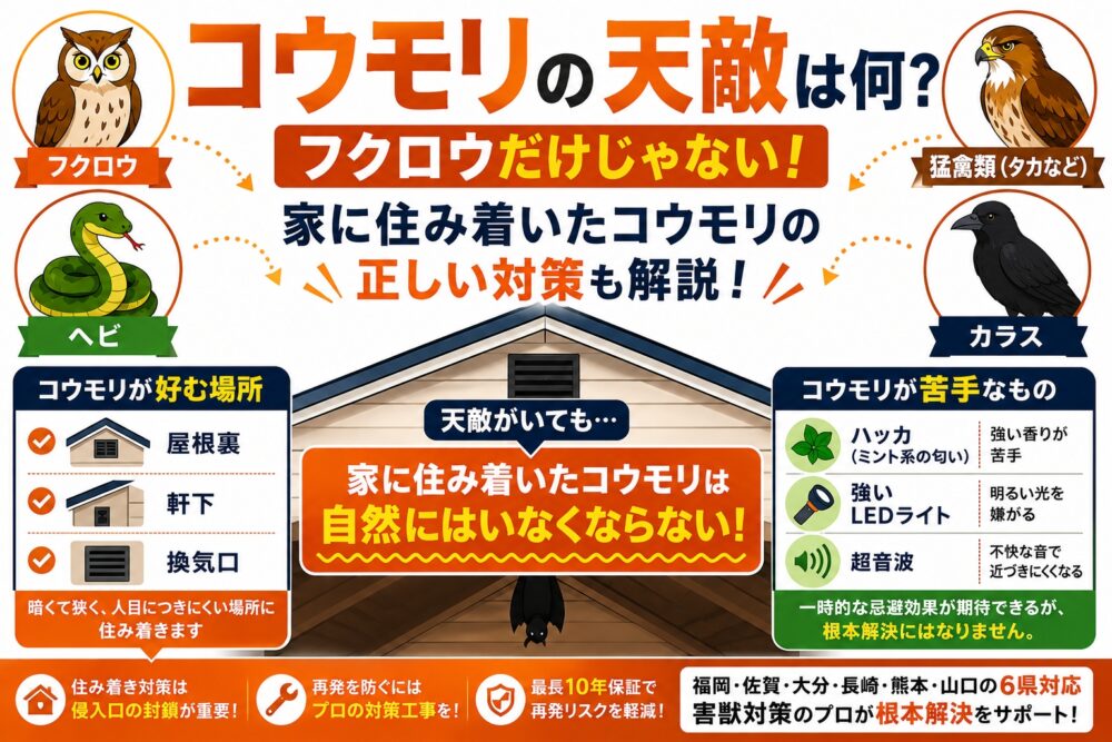 コウモリの天敵はフクロウ｜苦手なもの・効果的な追い出し方法を解説