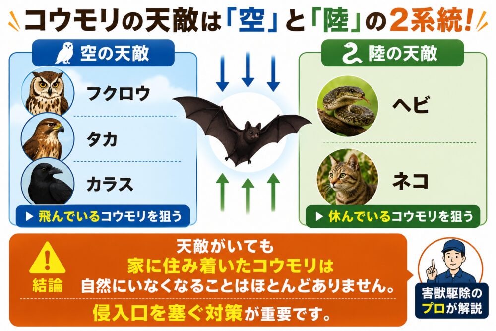 コウモリの天敵はフクロウ|空と陸の2系統