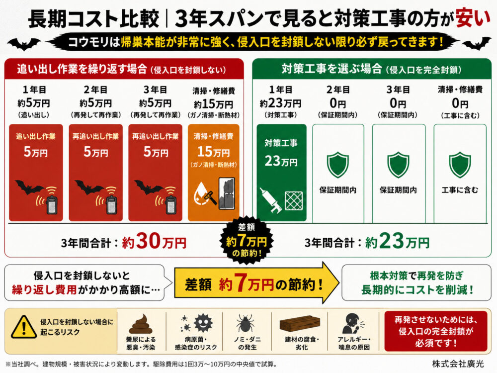 長期コスト比較｜3年スパンで見ると対策工事の方が安い