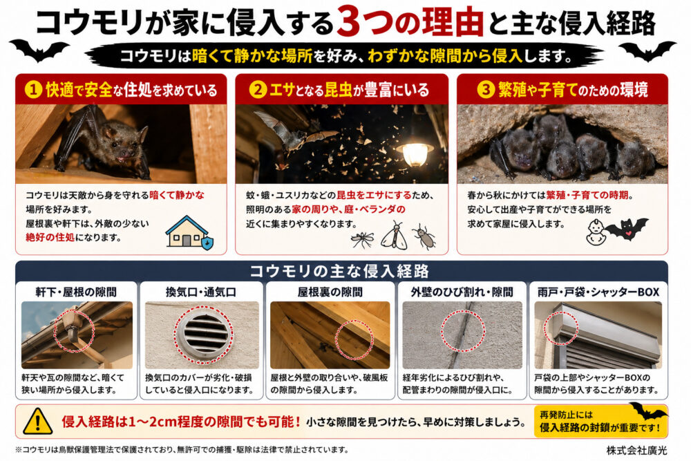 コウモリが家に侵入する3つの理由と主な侵入経路