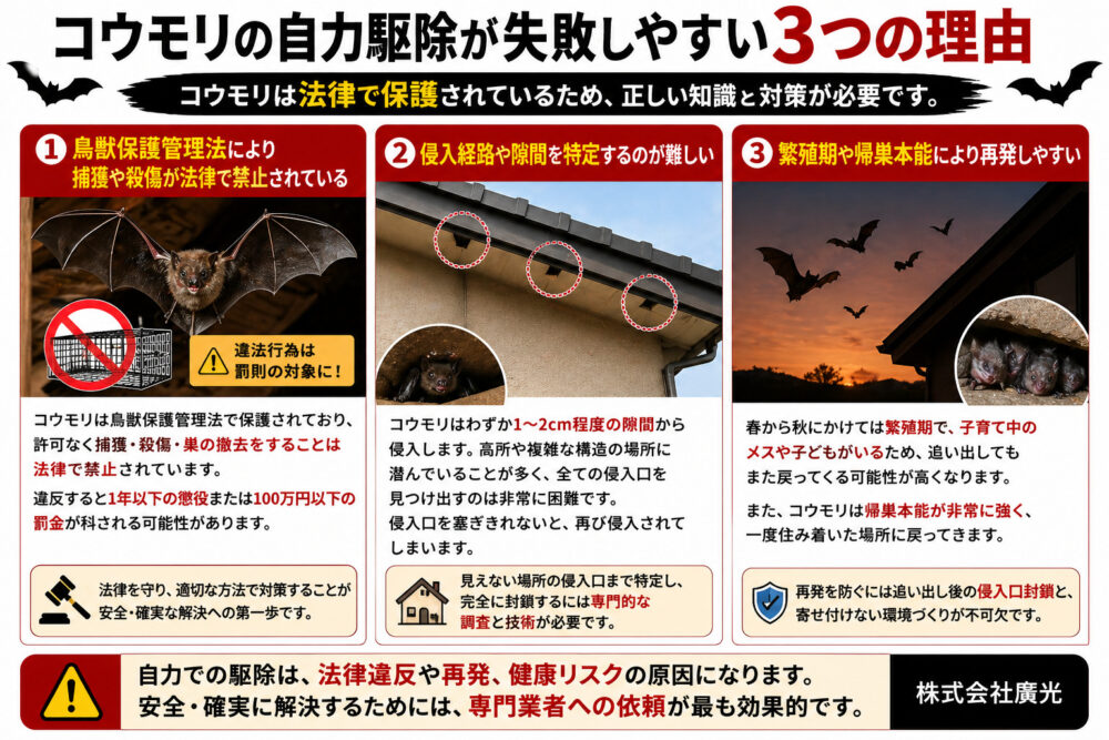 コウモリの自力駆除が失敗しやすい3つの理由