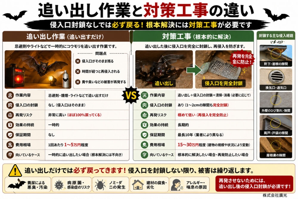 追い出し作業と対策工事の違い｜侵入口封鎖なしでは必ず戻る