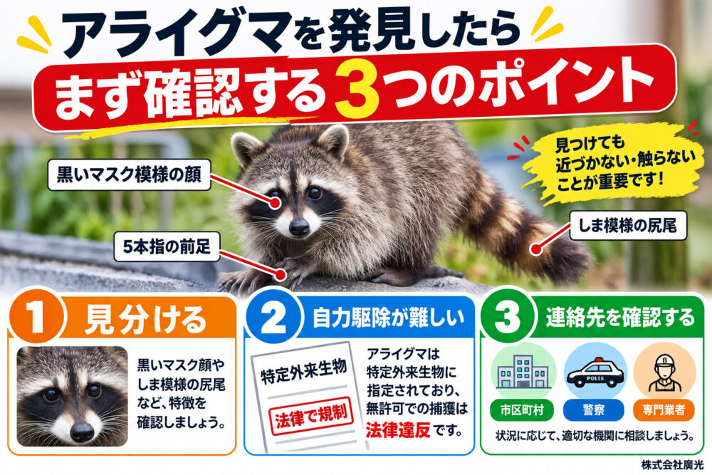 アライグマを発見したら、まず確認すべき3つのポイント