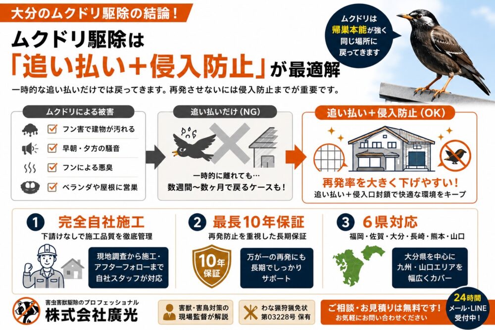 大分のムクドリ駆除おすすめ業者｜費用相場と再発させない対策工事を解説