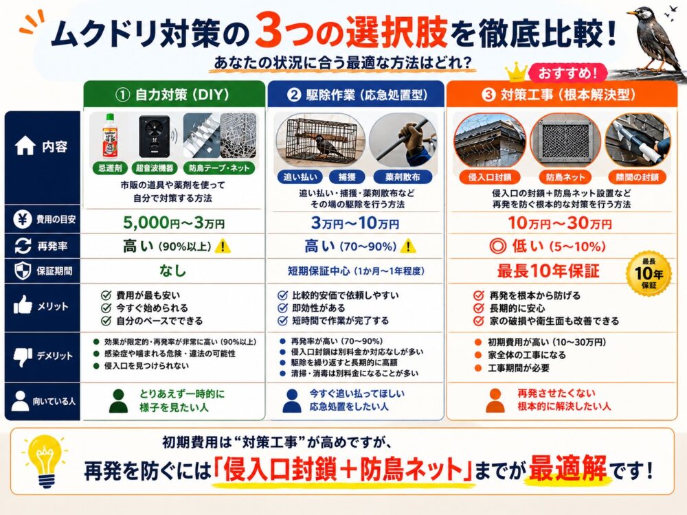 ムクドリ対策の３つの選択肢