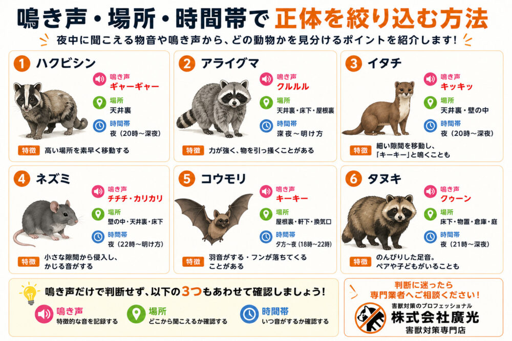 動物の鳴き声で正体を見分ける方法｜害獣6種の特徴一覧