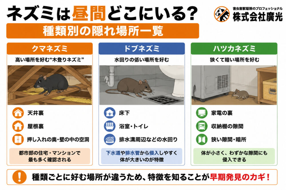 ネズミは昼間どこにいる?種類別の隠れ場所一覧