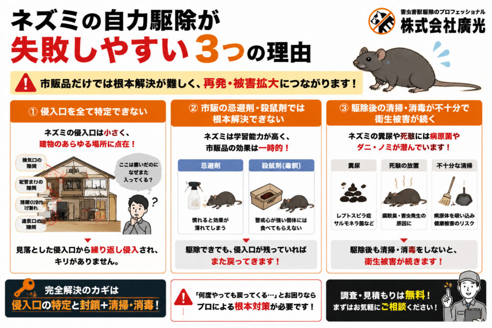 ネズミの自力駆除が失敗しやすい3つの理由
