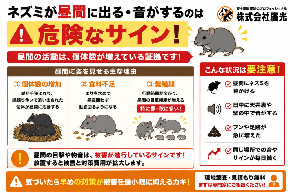 ネズミが昼間に出る・音がするのは危険なサイン