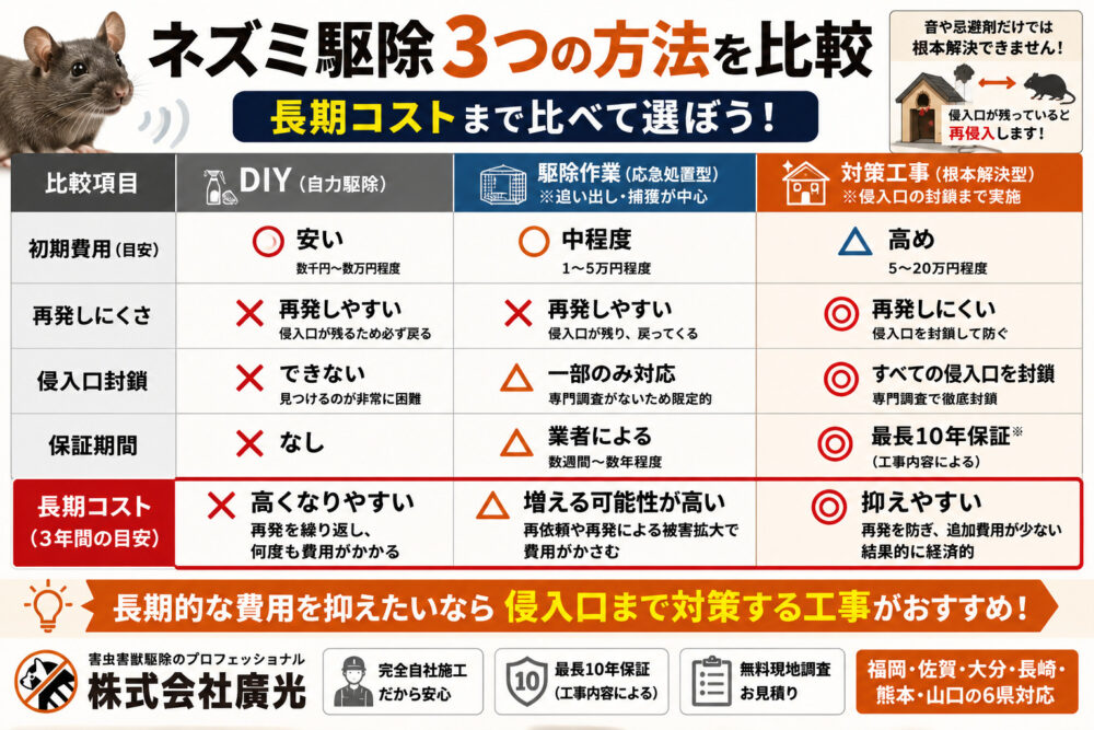 ネズミ駆除の3択比較｜自力・駆除のみ・対策工事どれが正解か
