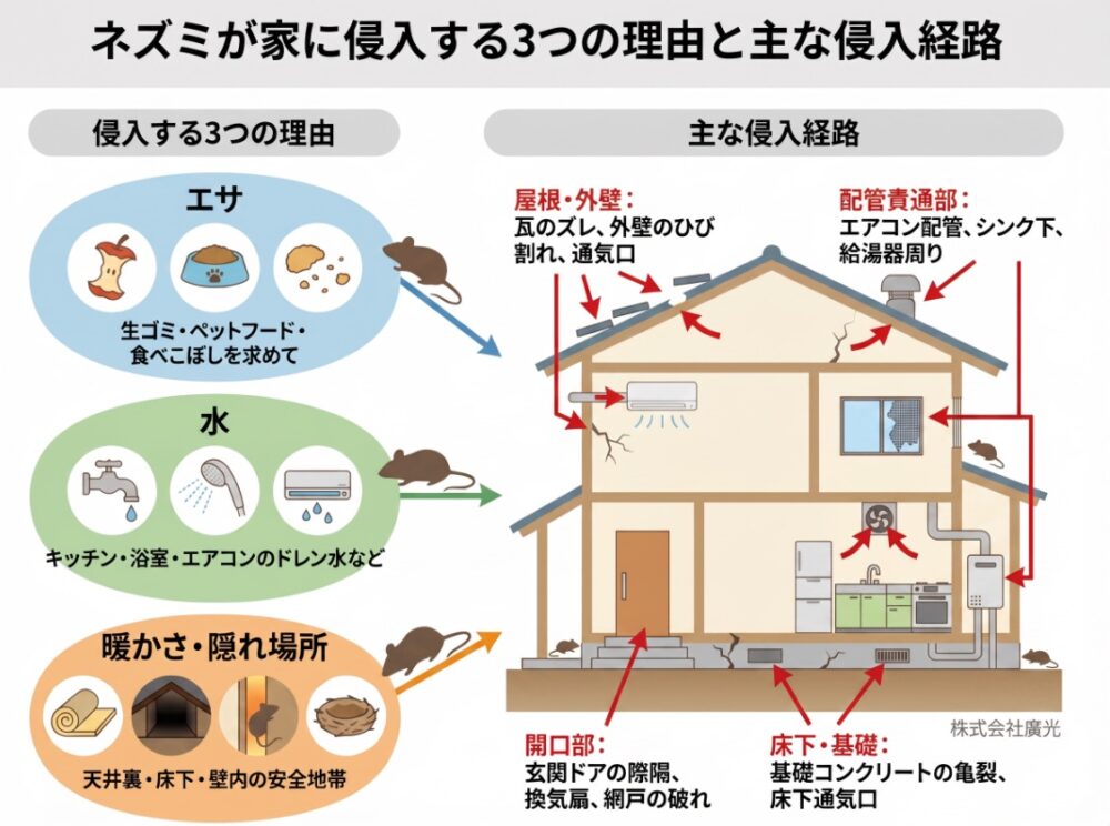 ネズミが家に侵入する3つの理由と主な侵入経路