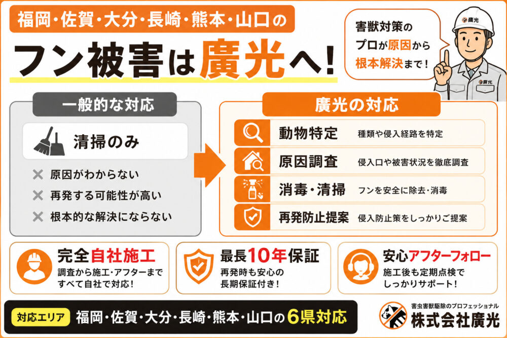 福岡・佐賀・大分・長崎・熊本・山口のフン被害は廣光へ