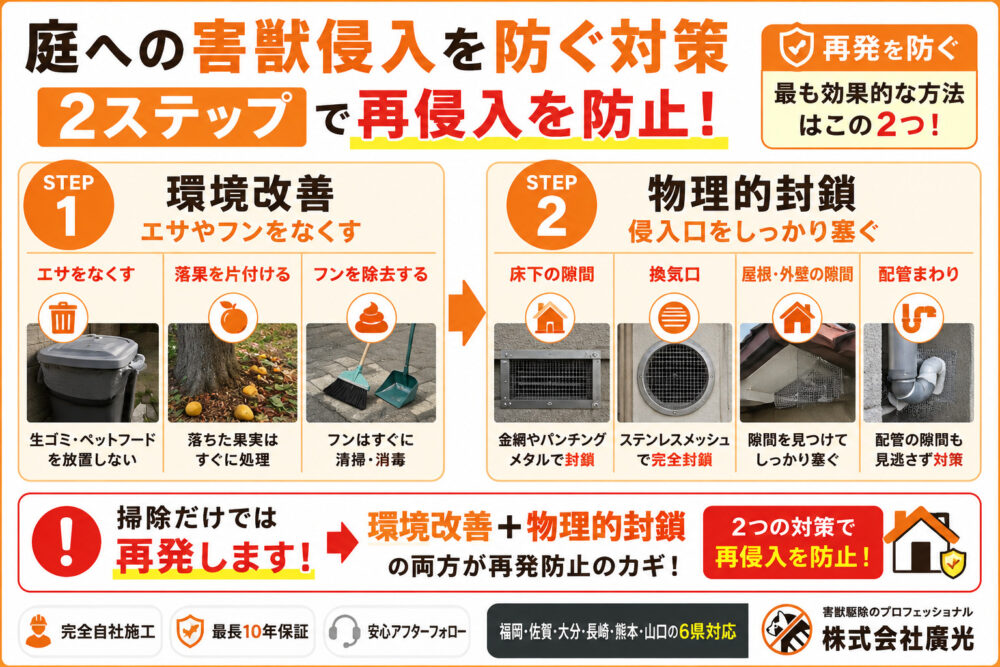 庭への害獣侵入を防ぐ対策|環境改善と物理的封鎖の2ステップ