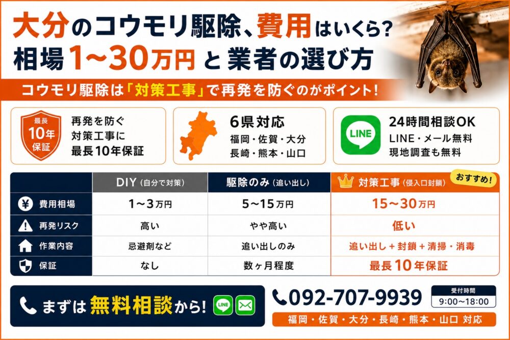 大分のコウモリ駆除費用はいくら？相場1〜30万円と業者の選び方を解説