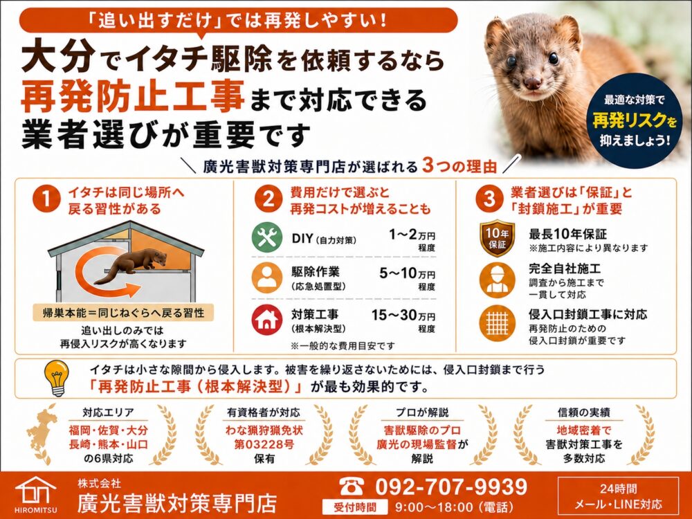 大分のイタチ駆除おすすめ業者｜費用相場と再発防止のポイントを徹底解説