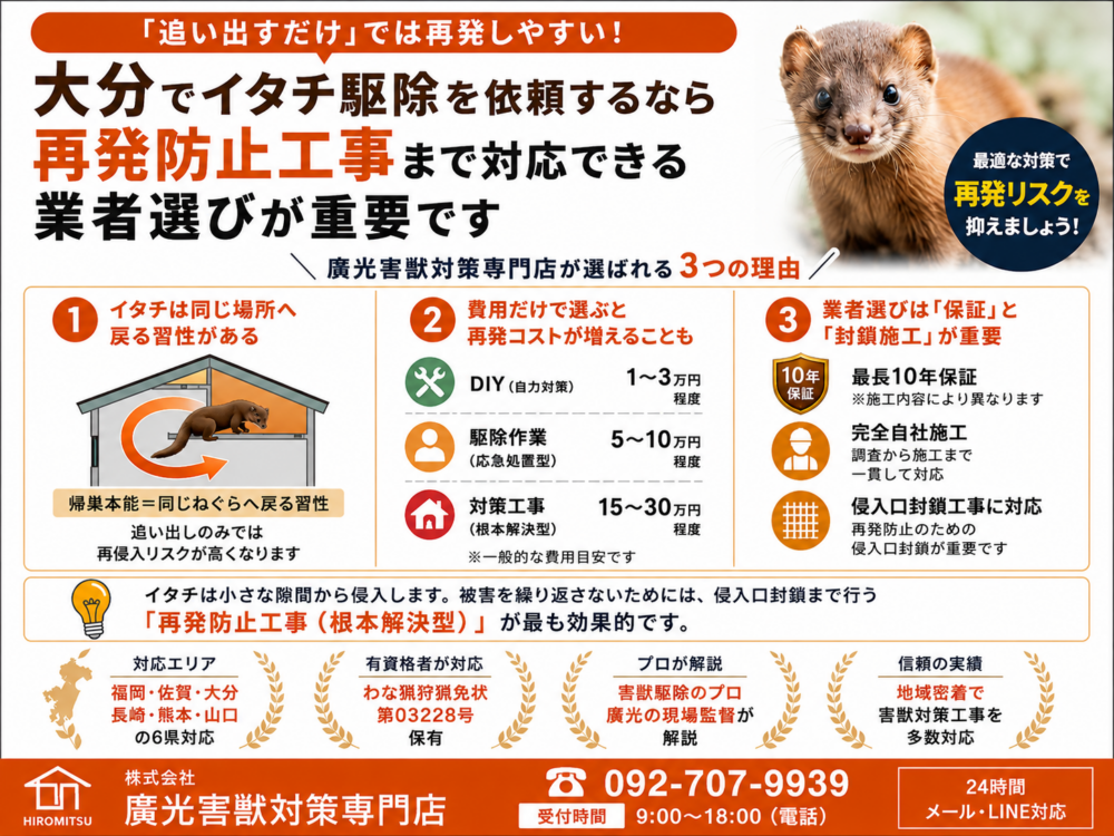大分のイタチ駆除おすすめ業者｜費用相場と再発防止のポイントを徹底解説