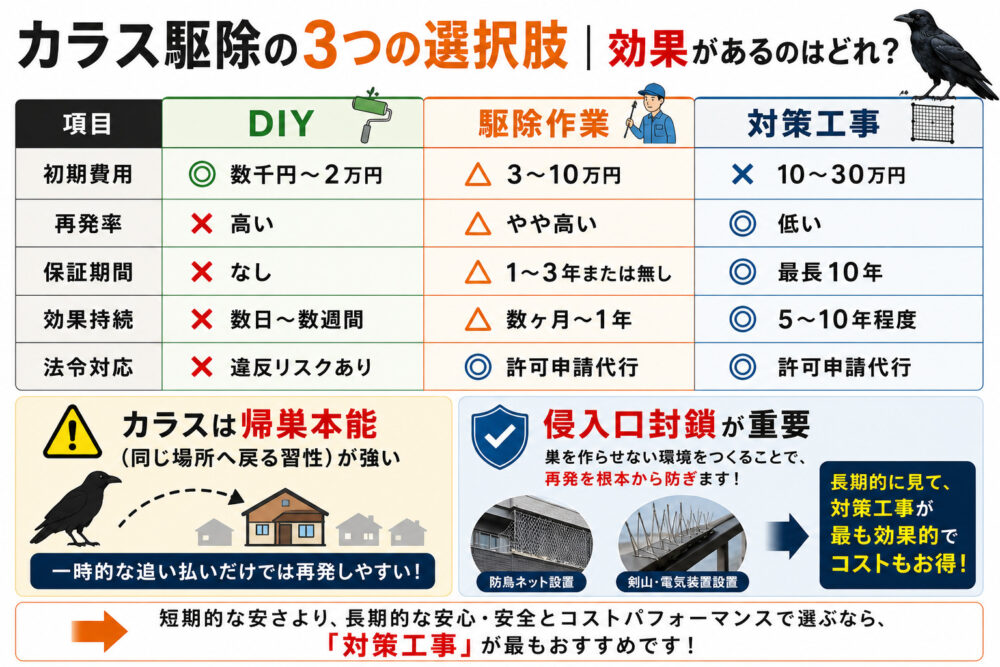 カラス駆除の3つの選択肢｜効果があるのはどれ？