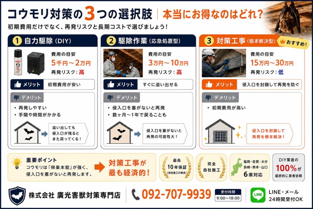 コウモリ対策の3つの選択肢|本当にお得なのはどれ?
