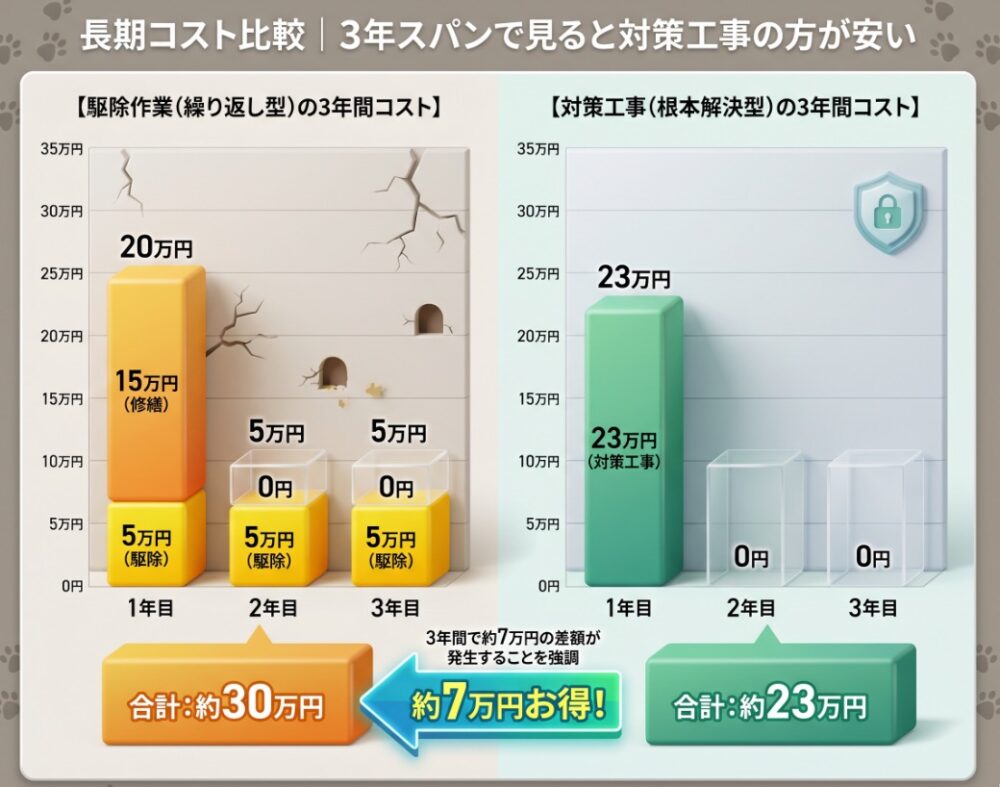 長期コスト比較｜3年スパンで見ると対策工事の方が安い