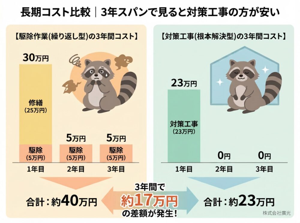 長期コスト比較｜3年スパンで見ると対策工事の方が安い