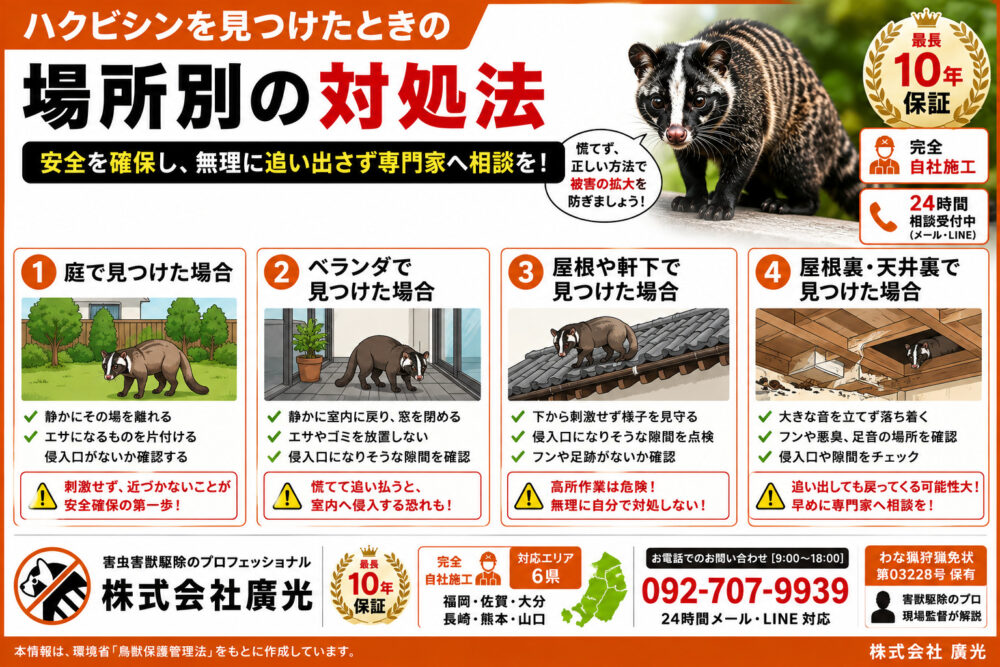 場所別｜ハクビシンを見つけたときの対処法