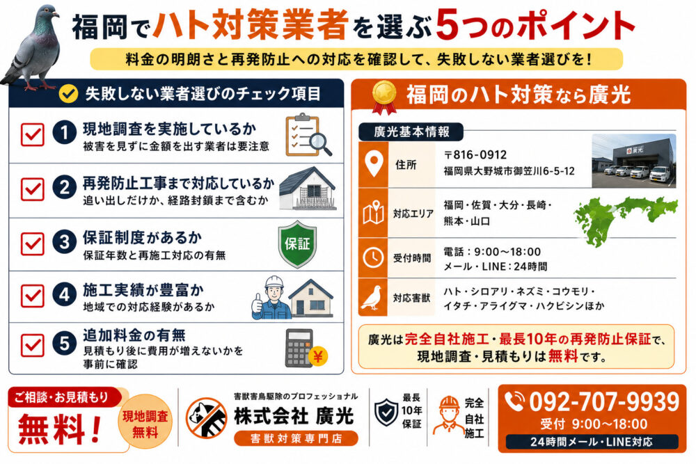 福岡でハト対策業者を選ぶ5つのポイント