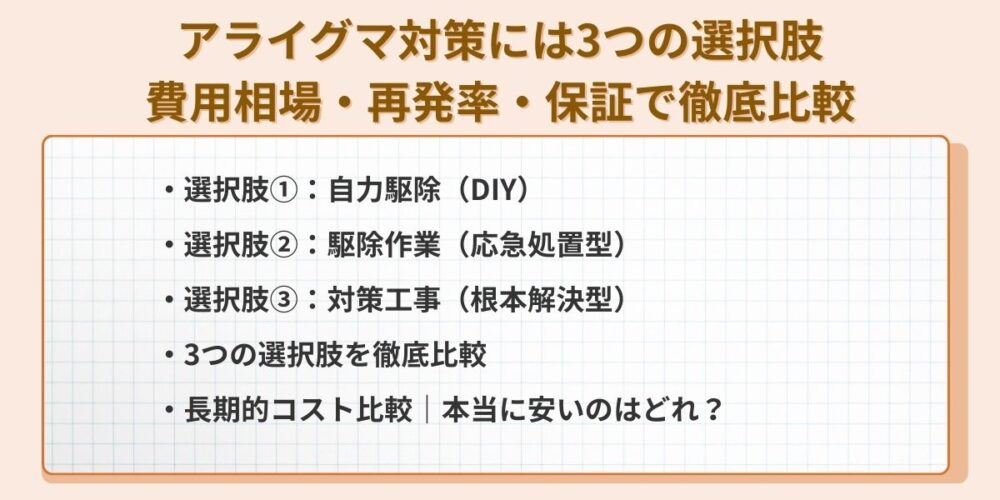 アライグマ対策には3つの選択肢｜費用相場・再発率・保証で徹底比較