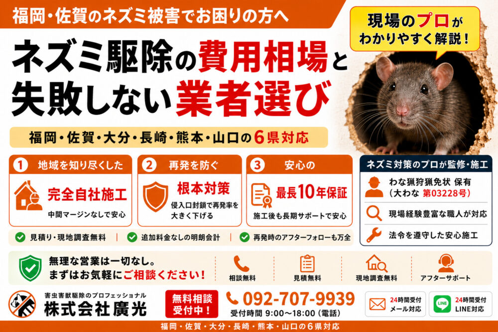 ネズミ駆除の費用相場｜福岡・佐賀の料金事例と失敗しない業者選び