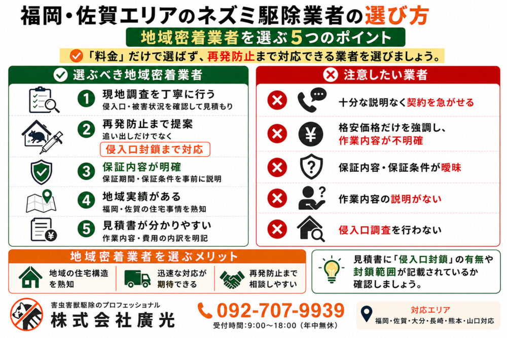 福岡・佐賀エリアのネズミ駆除業者の選び方|地域密着業者の見分け方