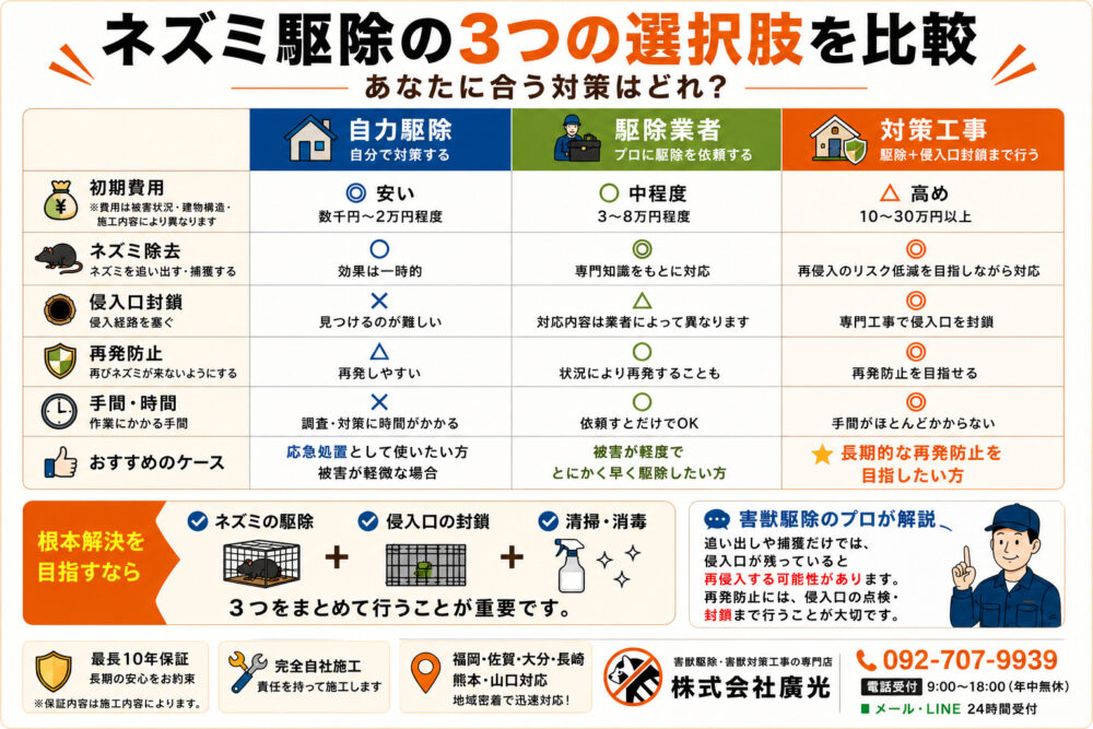 ネズミ駆除の3つの選択肢を比較｜自力・業者・対策工事