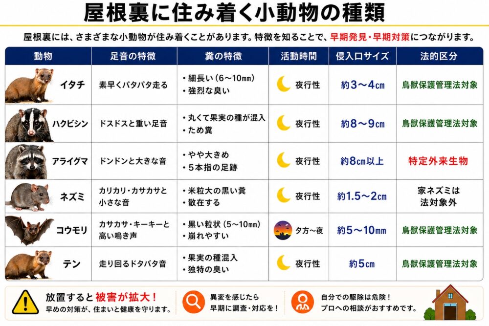 屋根裏に住み着く小動物の種類と見分け方