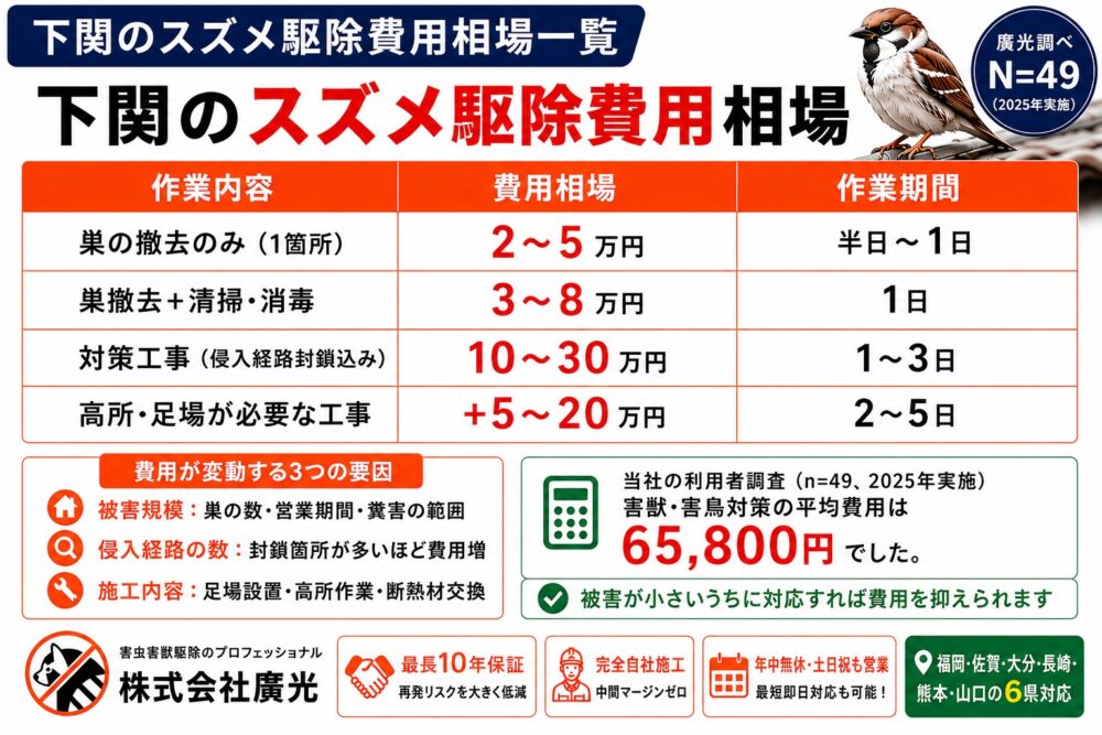 下関のスズメ駆除費用相場一覧