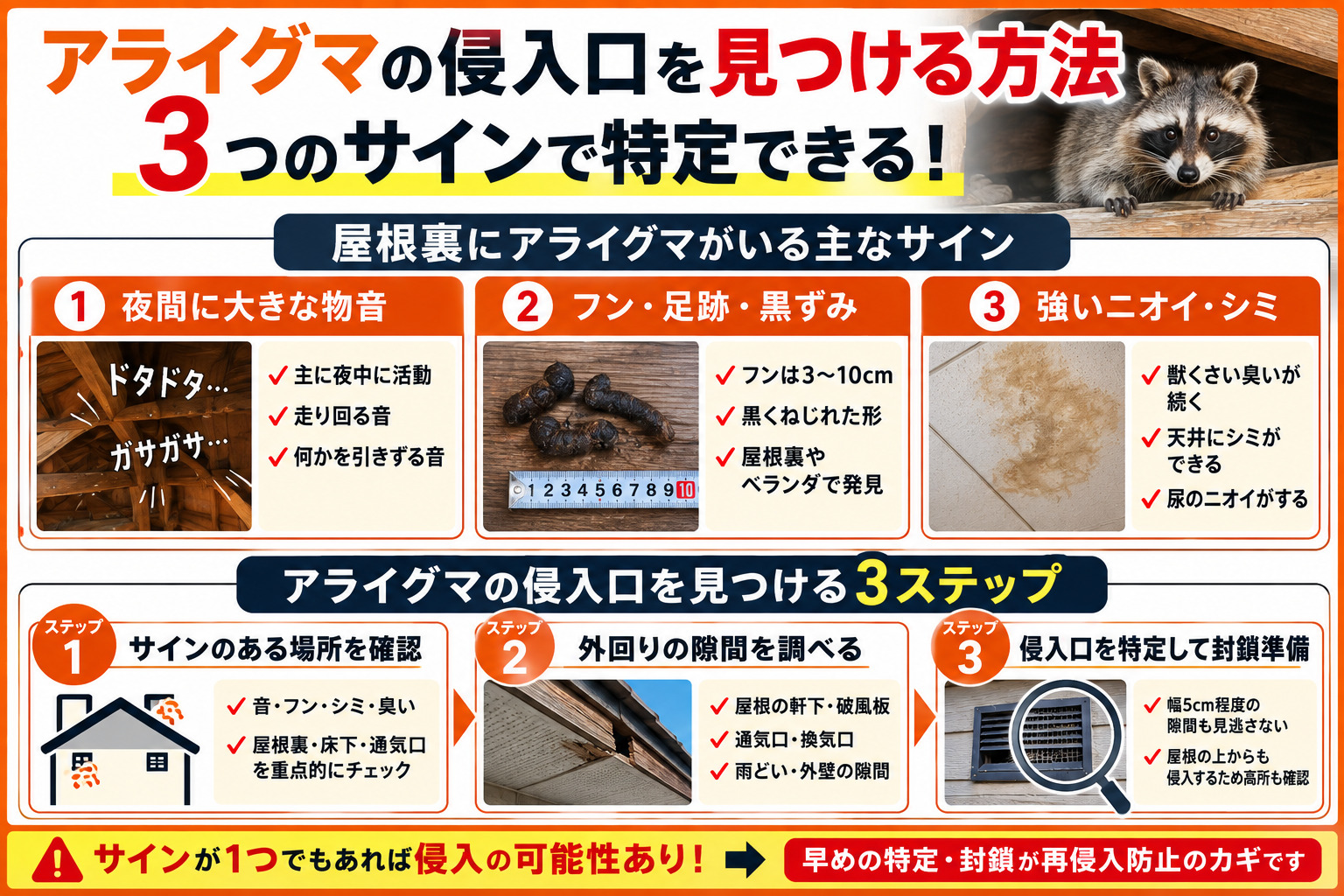 アライグマの侵入口を見つける方法|3つのサインで特定できる