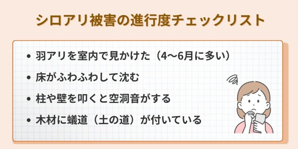 シロアリ被害の進行度チェックリスト