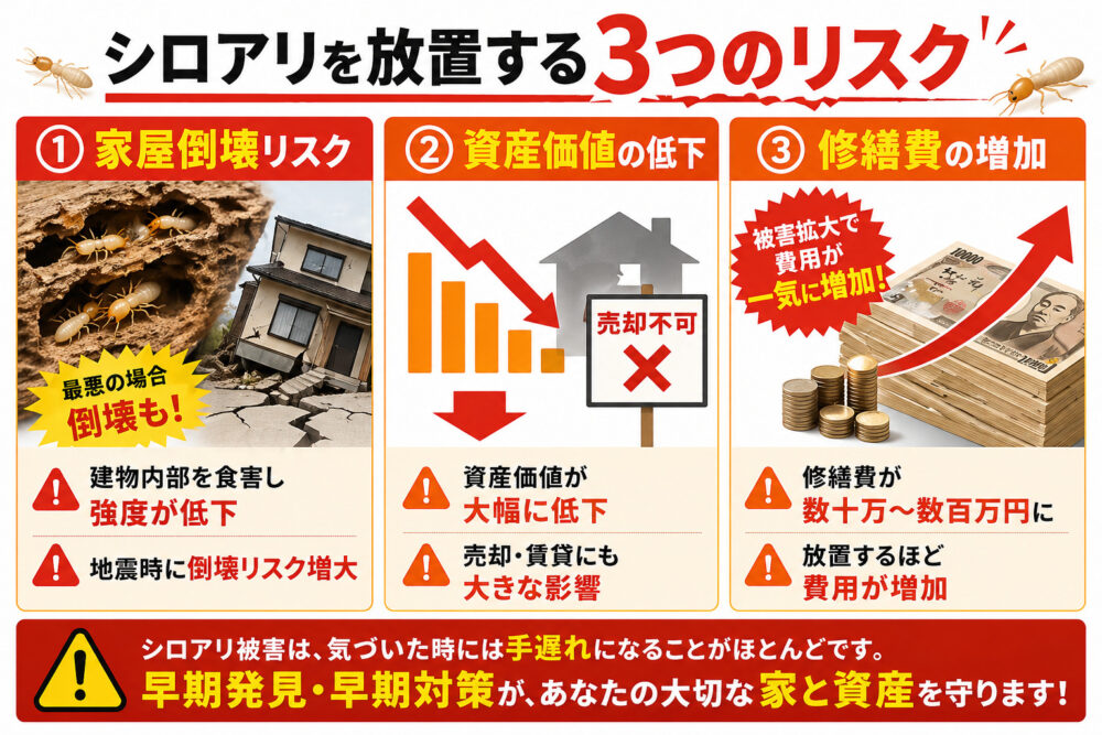 シロアリを放置する3つのリスク｜家屋倒壊・資産価値低下・修繕費の爆発的増加