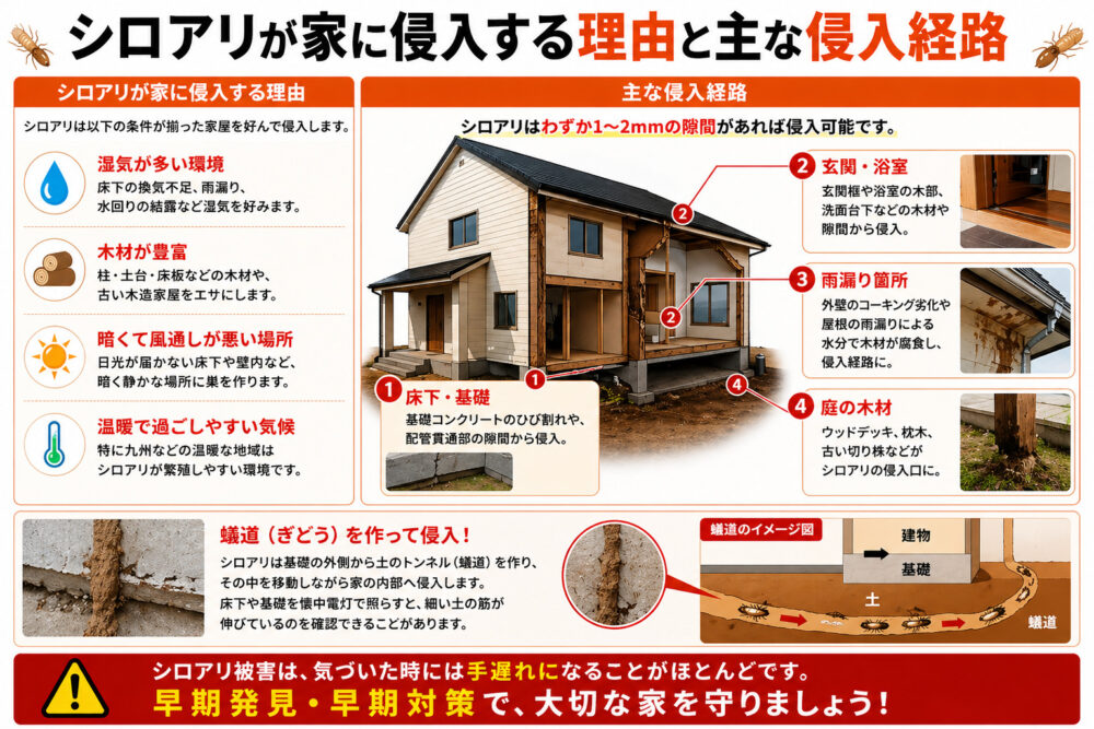 シロアリが家に侵入する理由と主な侵入経路