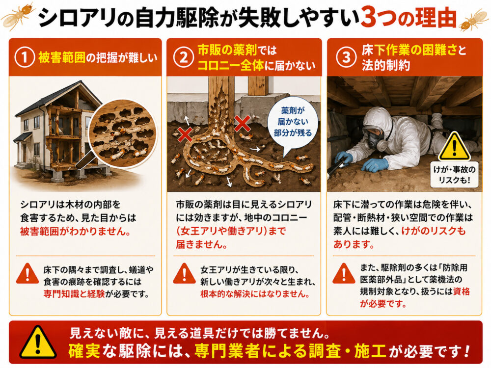 シロアリの自力駆除が失敗しやすい3つの理由