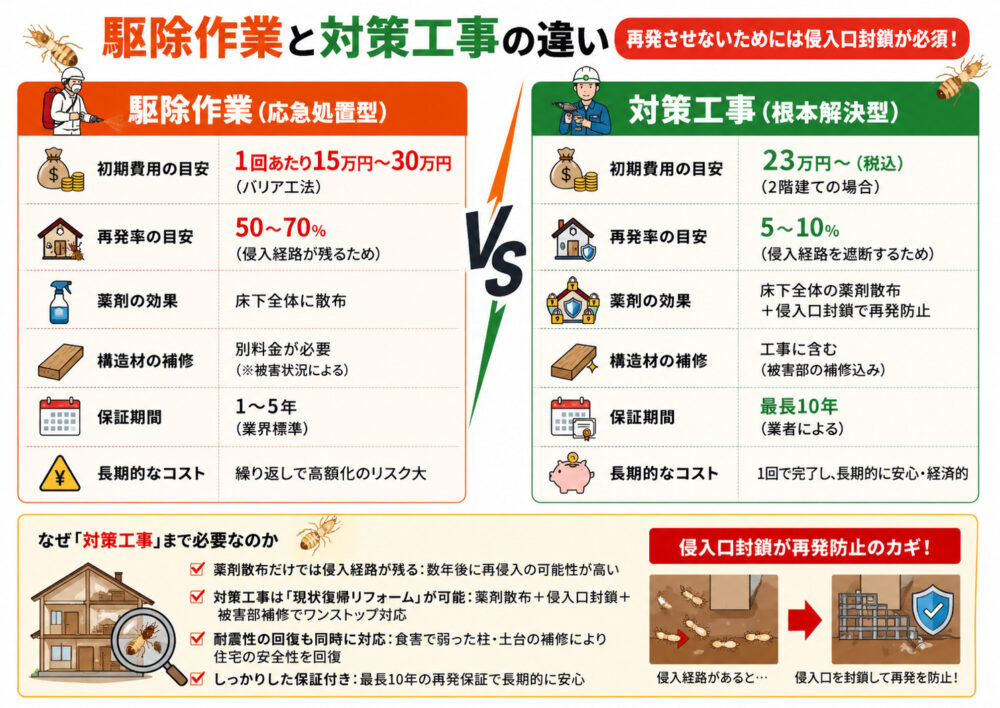駆除作業と対策工事の違い｜再発させないためには侵入口封鎖が必須