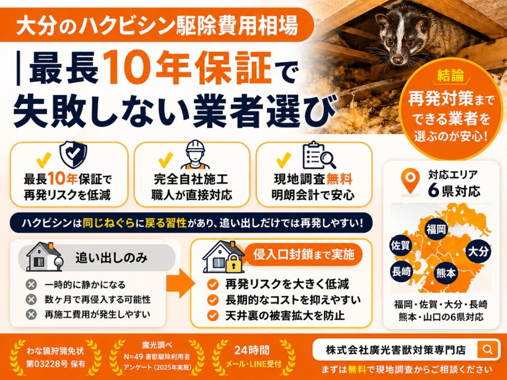 大分のハクビシン駆除費用相場｜最長10年保証で失敗しない業者選び