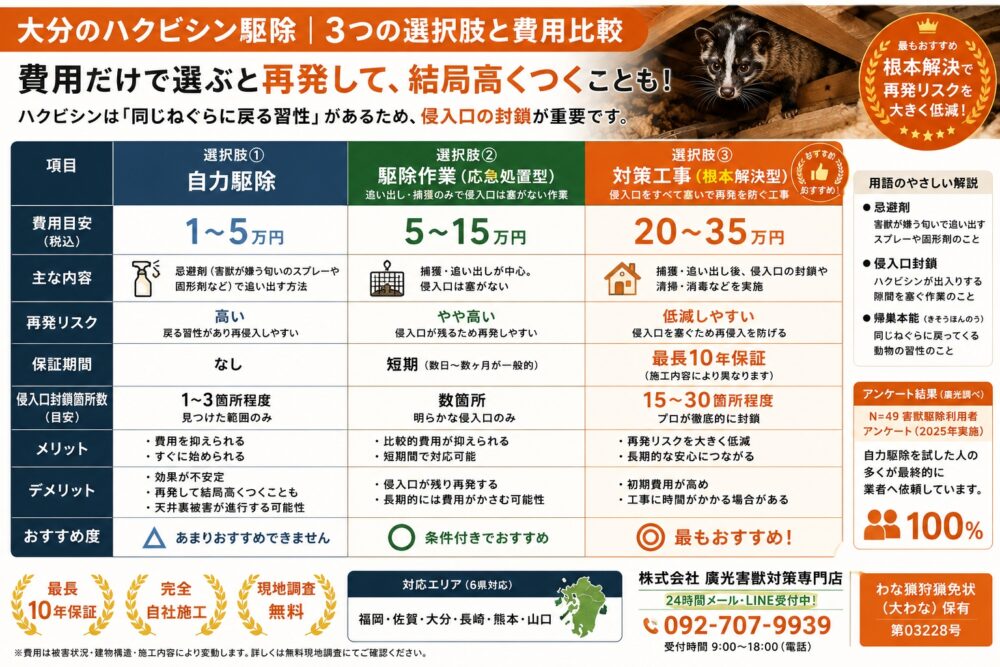 大分のハクビシン駆除｜3つの選択肢と費用比較