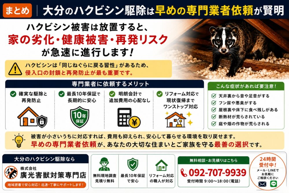 まとめ｜大分のハクビシン駆除は早めの専門業者依頼が賢明