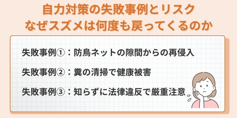 自力対策の失敗事例とリスク｜なぜスズメは何度も戻ってくるのか